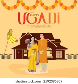  A stylized Gudi a decorated bamboo stick with a pot and garland, set against a bright yellow background Happy Gudi Padwa is written in bold letters with a likely message for the festival include
