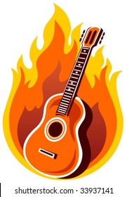 Stylized  guitar and fire on a white background.