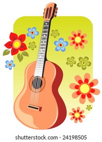 Stylized guitar on a green background with flowers.