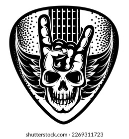 Stylized guitar plectrum. White background with guitar, skull, wings and hand gesture. Vector monochrome illustration.