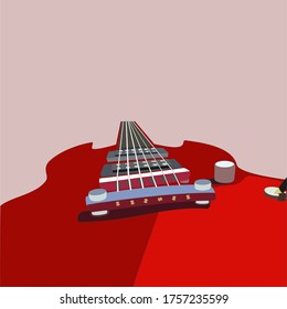 Stylized guitar. Red. Plain background.  Drawn at an angle. Pop art. Vector Illustration.