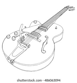 Stylized guitar. Retro guitar. Jazz electric guitar. Musical instrument. Music. Rock. Line art. Drawing by hand. Graphic arts. Tattoo. Doodle.