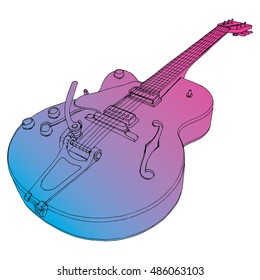 Stylized guitar. Retro guitar. Jazz electric guitar. Musical instrument. Music. Rock. Line art. Drawing by hand. Graphic arts. Tattoo. Doodle.