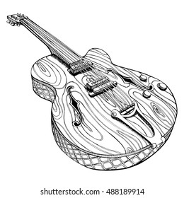 Stylized guitar. Retro guitar. Jazz electric guitar. Musical instrument. Music. Rock. Line art. Drawing by hand. Graphic arts. Tattoo. Doodle.