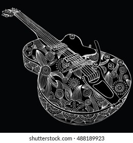 Stylized guitar. Retro guitar. Jazz electric guitar. Musical instrument. Music. Rock. Line art. Drawing by hand. Graphic arts. Tattoo. Doodle.