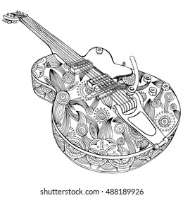 Stylized guitar. Retro guitar. Jazz electric guitar. Musical instrument. Music. Rock. Line art. Drawing by hand. Graphic arts. Tattoo. Doodle.