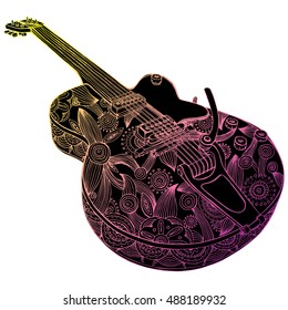 Stylized guitar. Retro guitar. Jazz electric guitar. Musical instrument. Music. Rock. Line art. Drawing by hand. Graphic arts. Tattoo. Doodle.