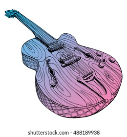 Stylized guitar. Retro guitar. Jazz electric guitar. Musical instrument. Music. Rock. Line art. Drawing by hand. Graphic arts. Tattoo. Doodle.