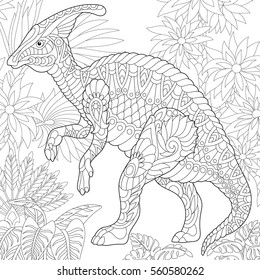 Stylized hadrosaur dinosaur of the middle to late Cretaceous period. Freehand sketch for adult anti stress coloring book page with doodle and zentangle elements.