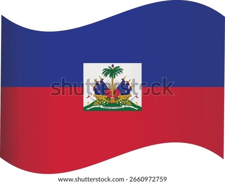 A stylized Haiti flag with a wavy, painted effect featuring horizontal blue and red stripes, with a central white panel containing a coat of arms with a palm tree and cannons. Ideal for patriotic desi