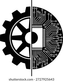 Stylized half gear and half circuit board image, divided vertically by a black line, illustrating the intersection of mechanical and digital technologies.