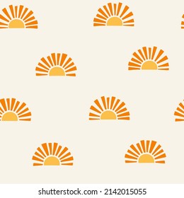 Stylized Half Sun With On Beige Background. Stylish Simple Abstract Texture. Vector Seamless Pattern With Sun. Doodle Style. For Textiles, Clothing, Bed Linen, Office Supplies.