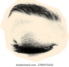 Stylized halftone close up featuring a bold eyebrow and closed eye, rendered in black dots on cream background. Ideal for beauty, editorial, or retro inspired graphic collage design projects.