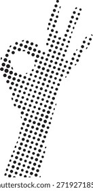 Silueta estilizada del modelo del punto del semitono de una mano que hace el gesto bien o perfecto aislado en el fondo blanco