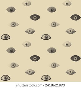 Stylized halftone eyes. Seamless pattern.  Retro collage, vector illustration.