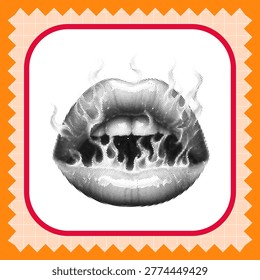 A stylized halftone graphic of human lips with steam rising, symbolizing heat, spice, passion, or intense flavor, rendered in a classic pop art comic style.