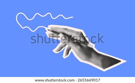 Stylized halftone illustration of a hand creating a wavy line on a blue background. Monochrome hand contrasts with vibrant blue, showcasing creativity and artistic expression.