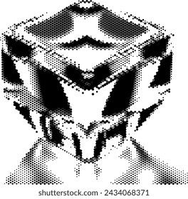 A stylized, halftone image of a glass square object.