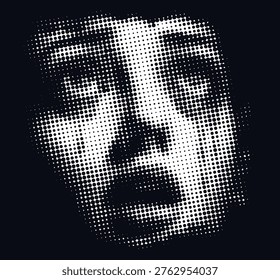 Stylized halftone portrait of a human face rendered in a high contrast black and white aesthetic. illustration
