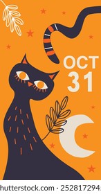 Stylized Halloween image featuring a black cat with big eyes, a striped tail, surrounded by stars, a crescent moon, and leaves on an orange background.