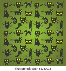 Stylized Halloween monsters on a green background.