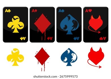 Estilizadas cartas de Halloween. Vector Símbolos-Picas, diamantes, corazones y garrotes.