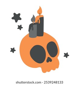 Stylized Halloween skull with burning candles and stars, spooky decor Vector illustration