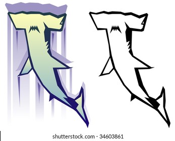 Stylized hammerhead shark illustration in two color treatments