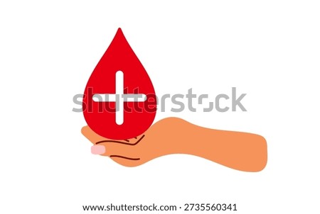 Stylized hand carefully holding large, red blood drop. Drop features simple medical cross symbol. Represents donation, care, medical aid, precious gift of life. Flat vector illustration