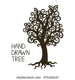 Stylized hand draw vintage old tree with crooked branches on white background. Abstract vector illustration