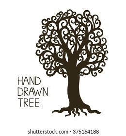 Stylized hand draw vintage old tree with crooked branches on white background. Abstract vector illustration