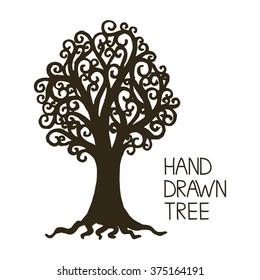 Stylized hand draw vintage old tree with crooked branches on white background. Abstract vector illustration