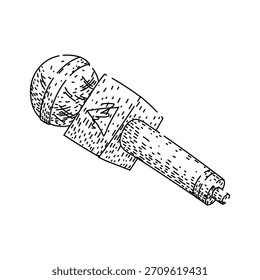 Desenho de mão estilizado com um microfone profissional com uma bandeira quadrada, ilustrando conceitos de jornalismo, entrevistas ao vivo, mídia de transmissão e comunicação pública