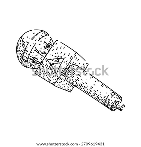 Stylized hand drawing featuring a professional microphone with a square flag, illustrating concepts of journalism, live interviews, broadcast media, and public communication