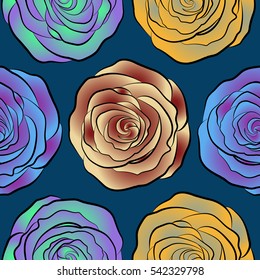 Stylized hand drawn blue, violet and yellow roses. Vector trendy seamless floral pattern.
