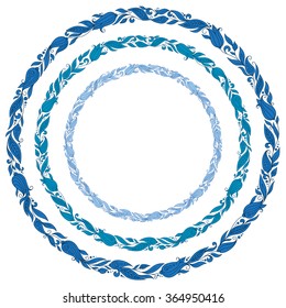 Stylized hand drawn blue wreath with flowers. Round floral frame for your text.  An image of a set of flower design elements in a circular shape.