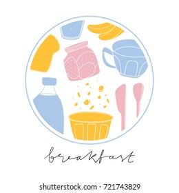 Stylized hand drawn breakfast badge with morning meals. Kitchen vector illustration cropped with clipping mask. Circle food illustration 
