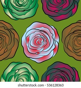 Stylized hand drawn brown, red and green roses. Vector trendy seamless floral pattern.