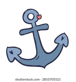 A stylized hand drawn cartoon blue anchor featuring a tiny pink heart detail isolated on a white background