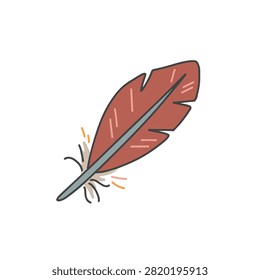 A stylized hand drawn cartoon feather in red with grey quill and soft downy accents isolated on white