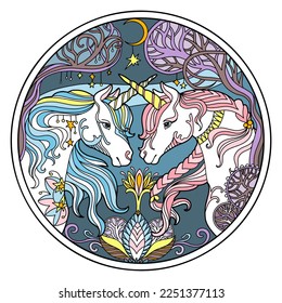 Stylized hand drawn colored a pair of unicorn with magic flowers vector illustration. Magic horse in doodle zentangle style. Lace pattern round shape. For puzzle, tattoo, design, print, jigsaw,decor