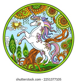 Stylized hand drawn colored unicorn in magic flowers and forest vector illustration. Magic horse in doodle zentangle style. Lace pattern round shape. For puzzle, tattoo, design, print, jigsaw,decor