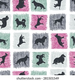 Stylized hand drawn dog breeds silhouettes  seamless pattern. All objects are conveniently grouped and are easily editable.