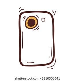 A stylized hand drawn doodle of a mobile phone back view with a camera lens and flash icon.