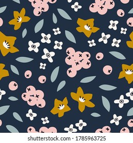 Abstrakte Blumen, Beeren und Blätter einzeln auf dunkelblauem Hintergrund. Handgezeichnetes, nahtloses Vektormuster. Stilvolle Natur. Botanisches Flachdesign für Textilien, Wickelpapier, Tapete, Webdesign.
