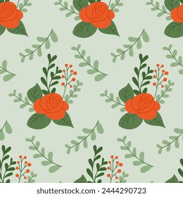 Patrón sin fisuras estilizado de flores dibujadas a mano. Elementos de colores dibujados a mano plana sobre fondo verde. Diseño de impresión único para textil, Fondo de pantalla, interior, envoltura