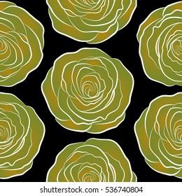 Stylized hand drawn green and yellow roses. Vector trendy seamless floral pattern.