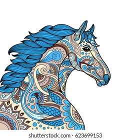 stylized hand drawn Head horse multicolored vector illustration. Beautiful design in doodle zentangle style. Lace pattern.