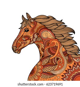 stylized hand drawn Head horse multicolored vector illustration. Beautiful design in doodle zentangle style. Lace pattern.
