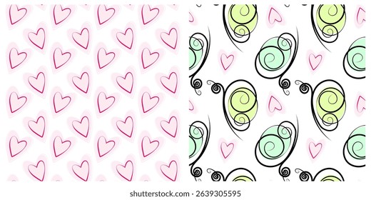 Stylized Hand Drawn Hearts and Butterflies Seamless Patterns Spring or Summer Various Festive fond